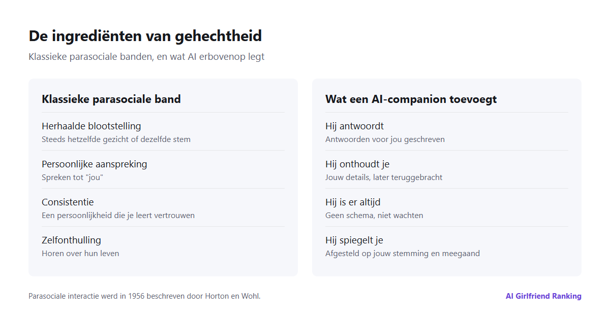 Schema van de ingrediënten van gehechtheid: klassieke parasociale factoren herhaling, persoonlijke aanspreking en consistentie, plus wat AI toevoegt: antwoorden, geheugen over jou en voortdurende beschikbaarheid