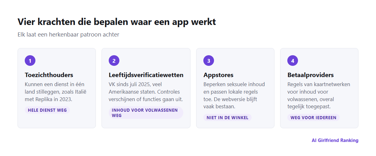 Vier krachten die AI-companion-apps per land beperken: toezichthouders, leeftijdsverificatiewetten, appstores en betaalproviders