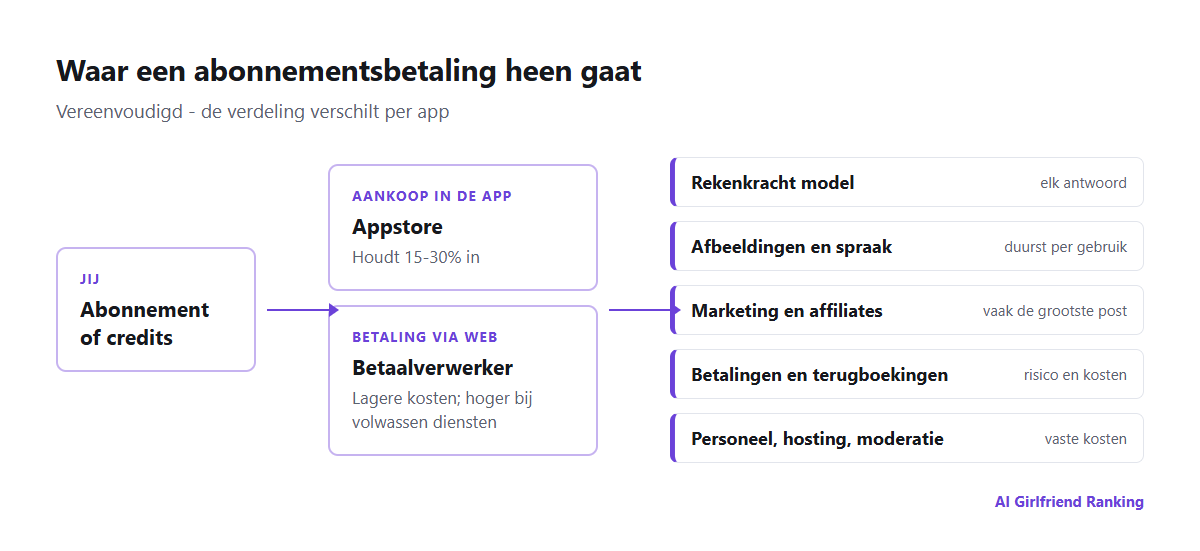 Diagram van de geldstroom in een AI-companion-app: de gebruiker betaalt via een appstore of webkassa, de winkel houdt een commissie in en het bedrijf betaalt voor rekenkracht van het model, het genereren van afbeeldingen en spraak, betalingsverwerking, affiliatecommissies en personeel