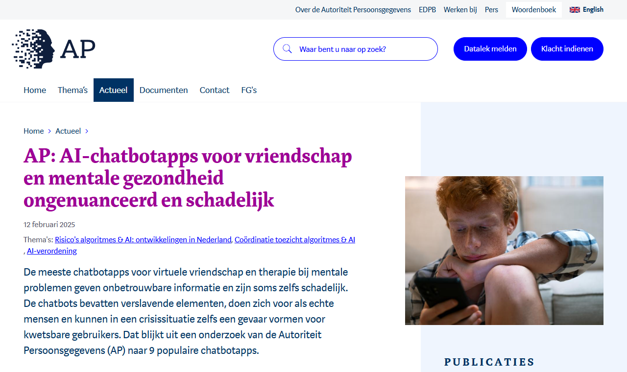 Pagina van de Nederlandse Autoriteit Persoonsgegevens over chatbot-apps voor vriendschap en geestelijke gezondheid